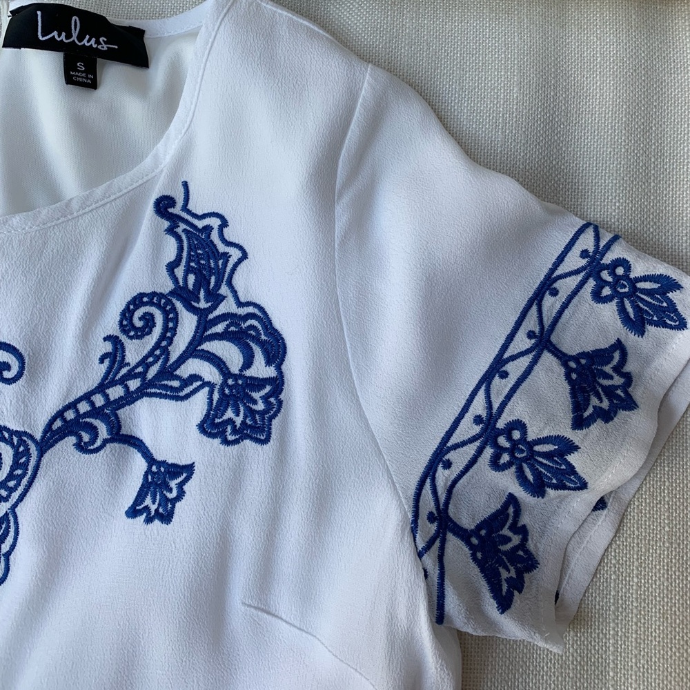 White Shift Dress / Lulus Tale to Tell Blue and Ivory Embroidered Dress - Picture 5 of 8